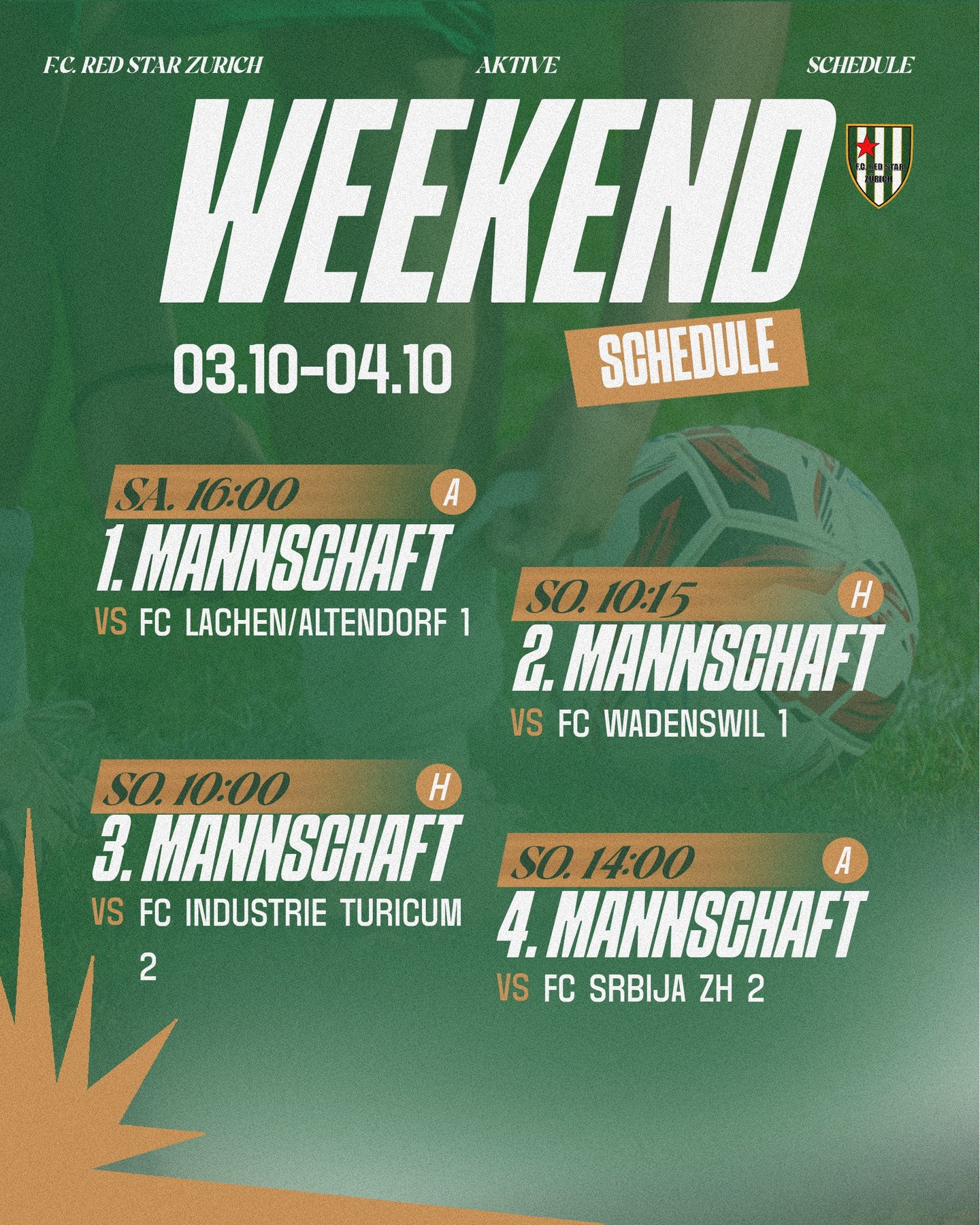 SPIELTAG ⚽️

Gegner, Zeiten und Spielorte für dieses Wochenende ⬆️

Kommt vorbei – zu Hause oder auswärts.

🟢⚪️ #redstar