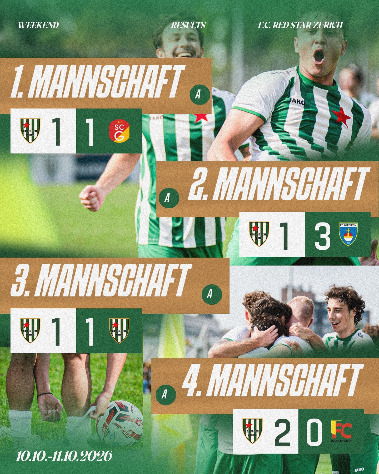DIE ERGEBNISSE ⚽️

Alle Resultate der Aktivmannschaften auf einen Blick ⬆️

Auf die kommende Woche.

🟢⚪️ #redstarzürich 