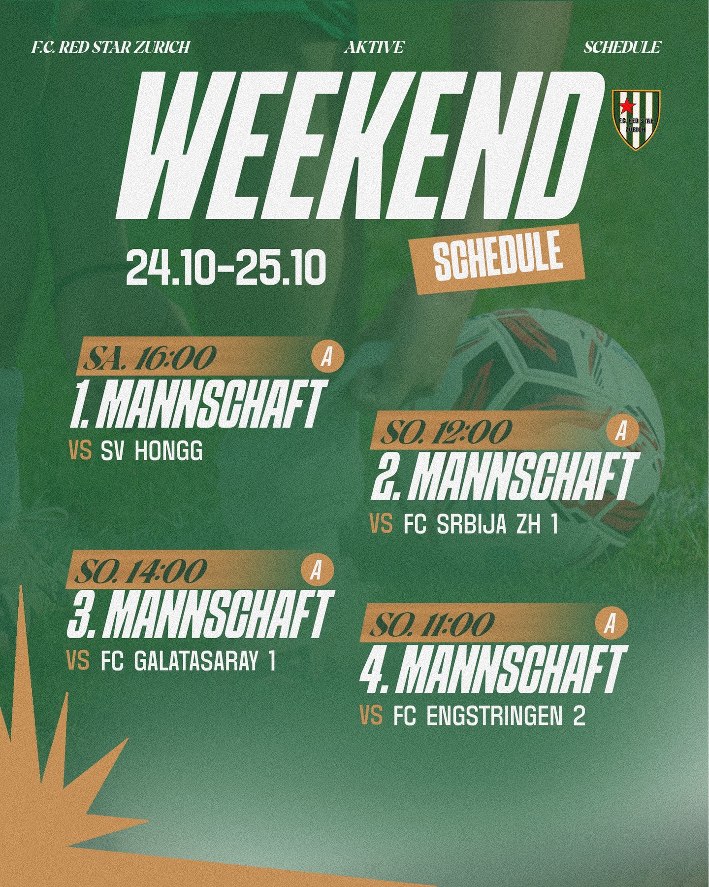 MATCHDAYS ⚽️

Das Programm der Aktiven fürs Wochenende. Alle Anspielzeiten in der Übersicht ⬆️

Wer Zeit hat: Support is