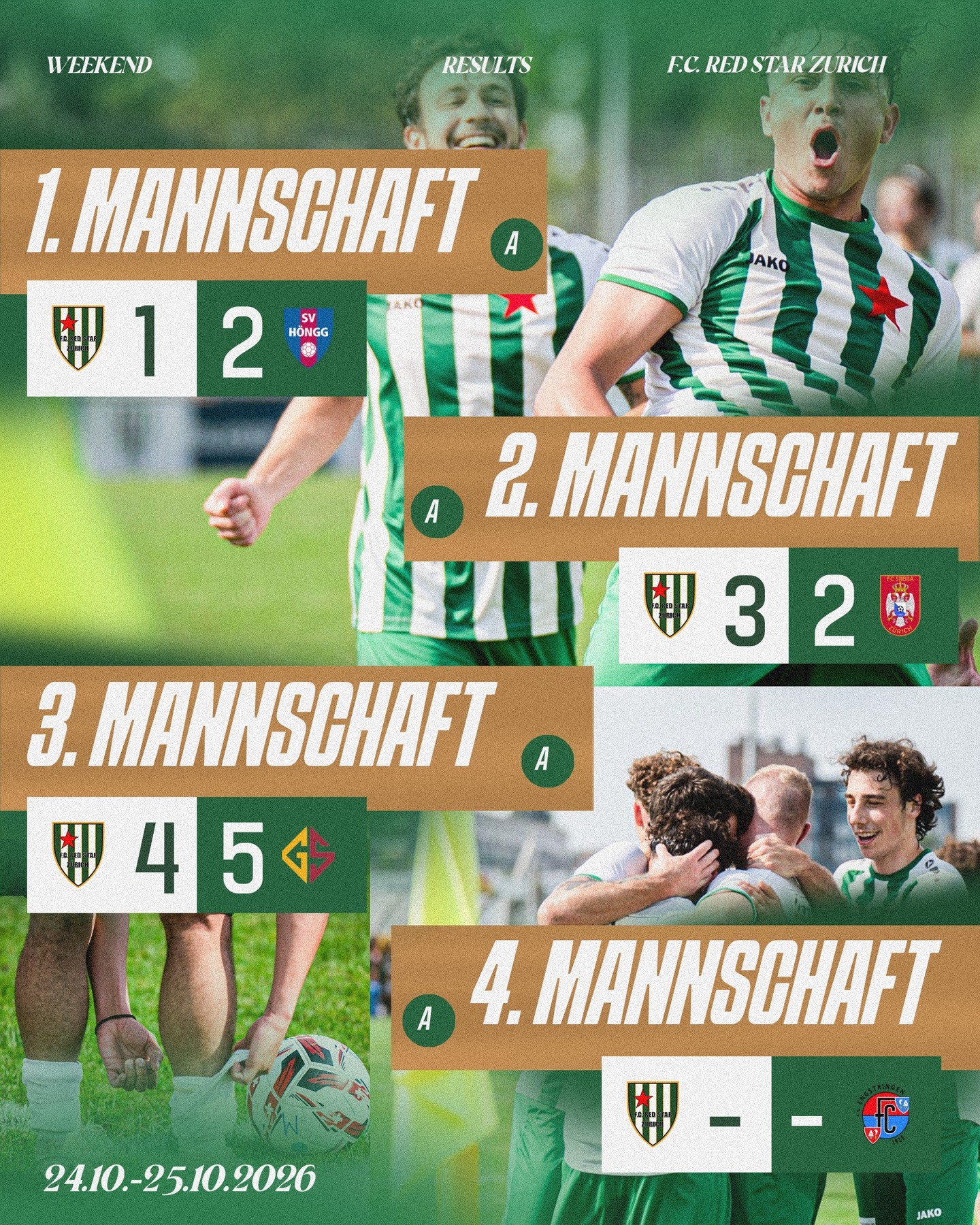 WOCHENENDE IN ZAHLEN ⚽️

So haben unsere Aktivmannschaften abgeschnitten ⬆️

Nächste Woche geht es weiter.

🟢⚪️ #redstar