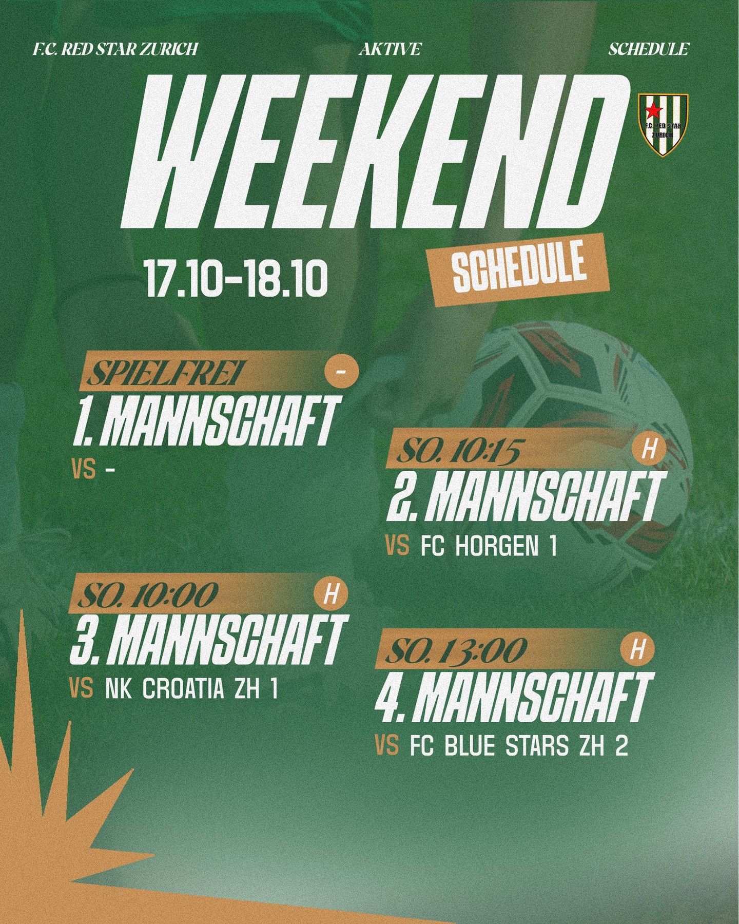 UNSER WOCHENENDE ⚽️

Alle Aktivmannschaften im Einsatz. Zeiten, Gegner und Spielorte findet ihr oben ⬆️

Kommt vorbei, w