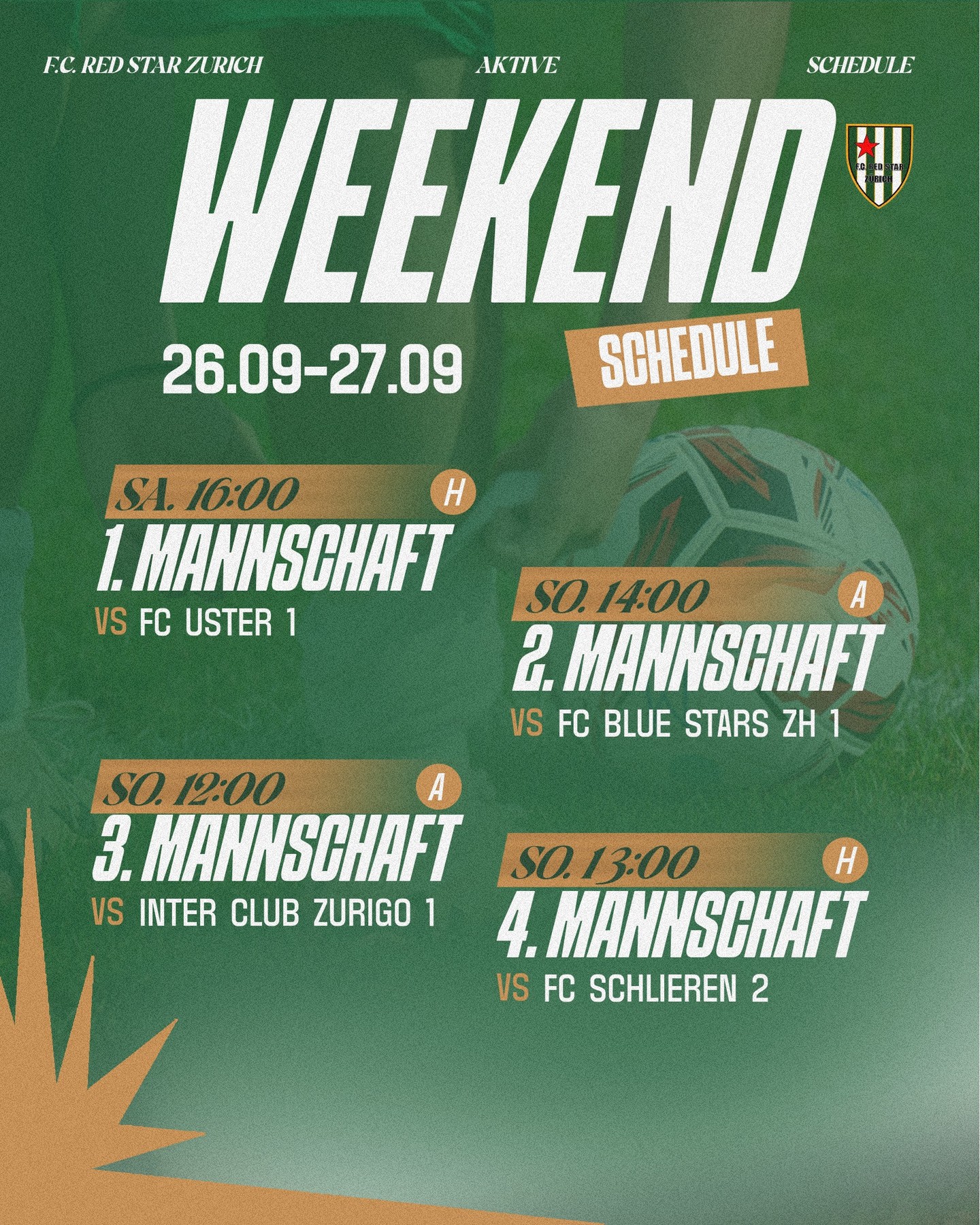 DAS WOCHENENDE IM ÜBERBLICK ⚽️

Alle Spiele der Aktivmannschaften auf einen Blick ⬆️

Wir freuen uns über jede Unterstüt